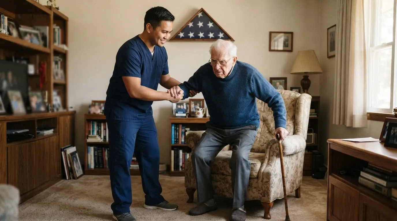 A home caregiver helps an older veteran stand from his armchair, a folded flag on the wall behind them