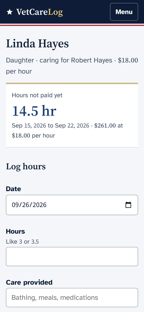 A paid caregiver: hours logged and not paid yet