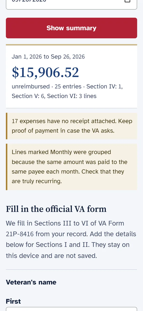 The worksheet screen: the total for the dates the VA asked about, and the downloads