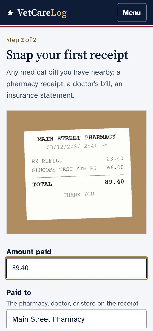 Adding a pharmacy receipt: the photo, then the amount and who was paid