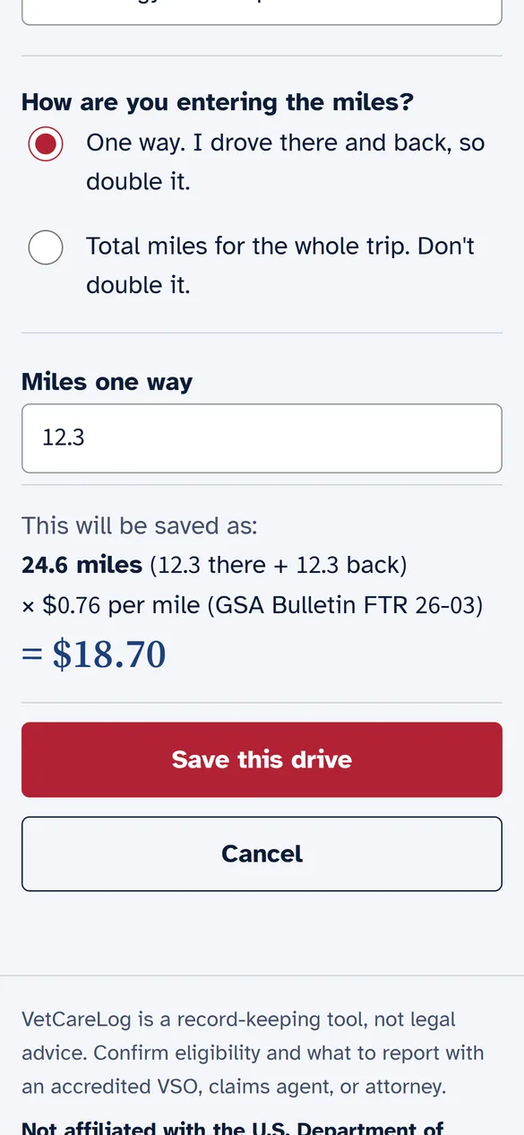 A drive to the VA clinic: miles worked out at the current rate before saving